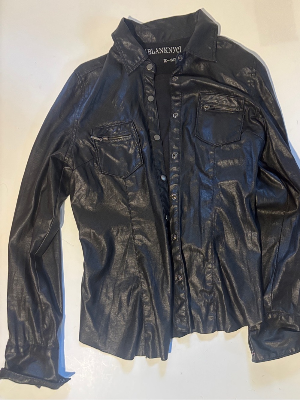 Blank NYC Black Faux Leather Shirt Jacket with Snap Front
